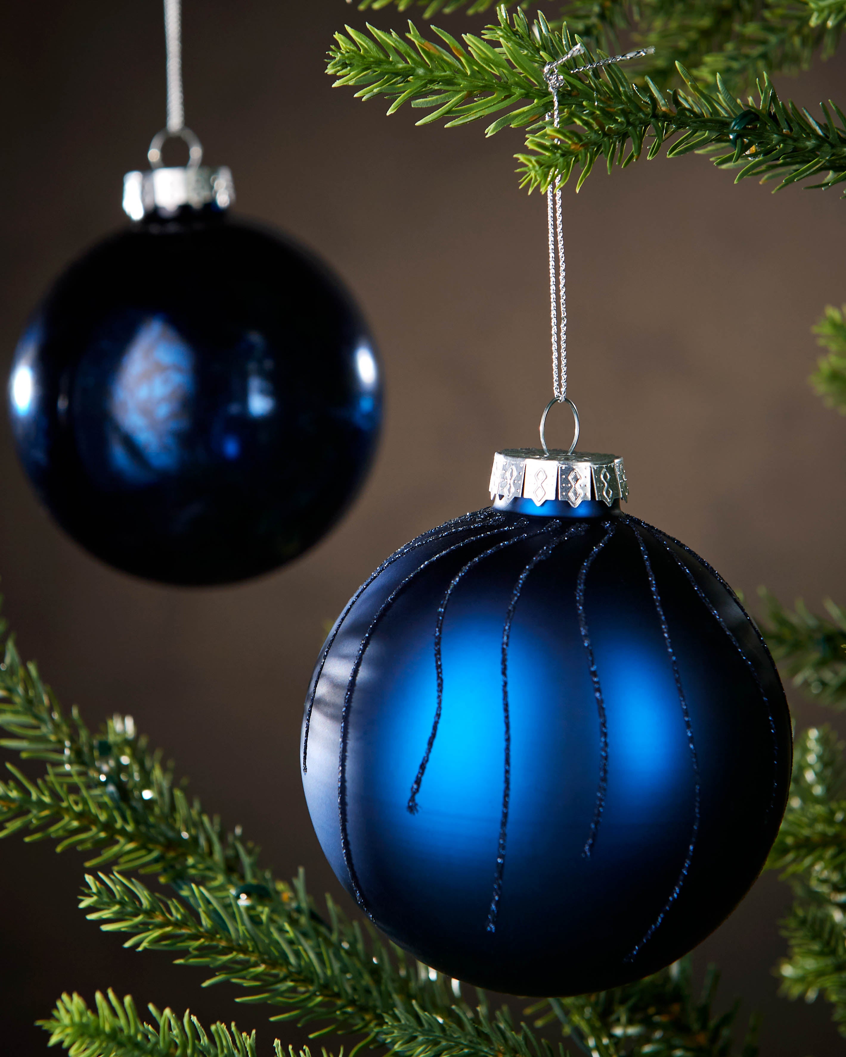 Set of 6 Glass Baubles, Navy, 10 cm