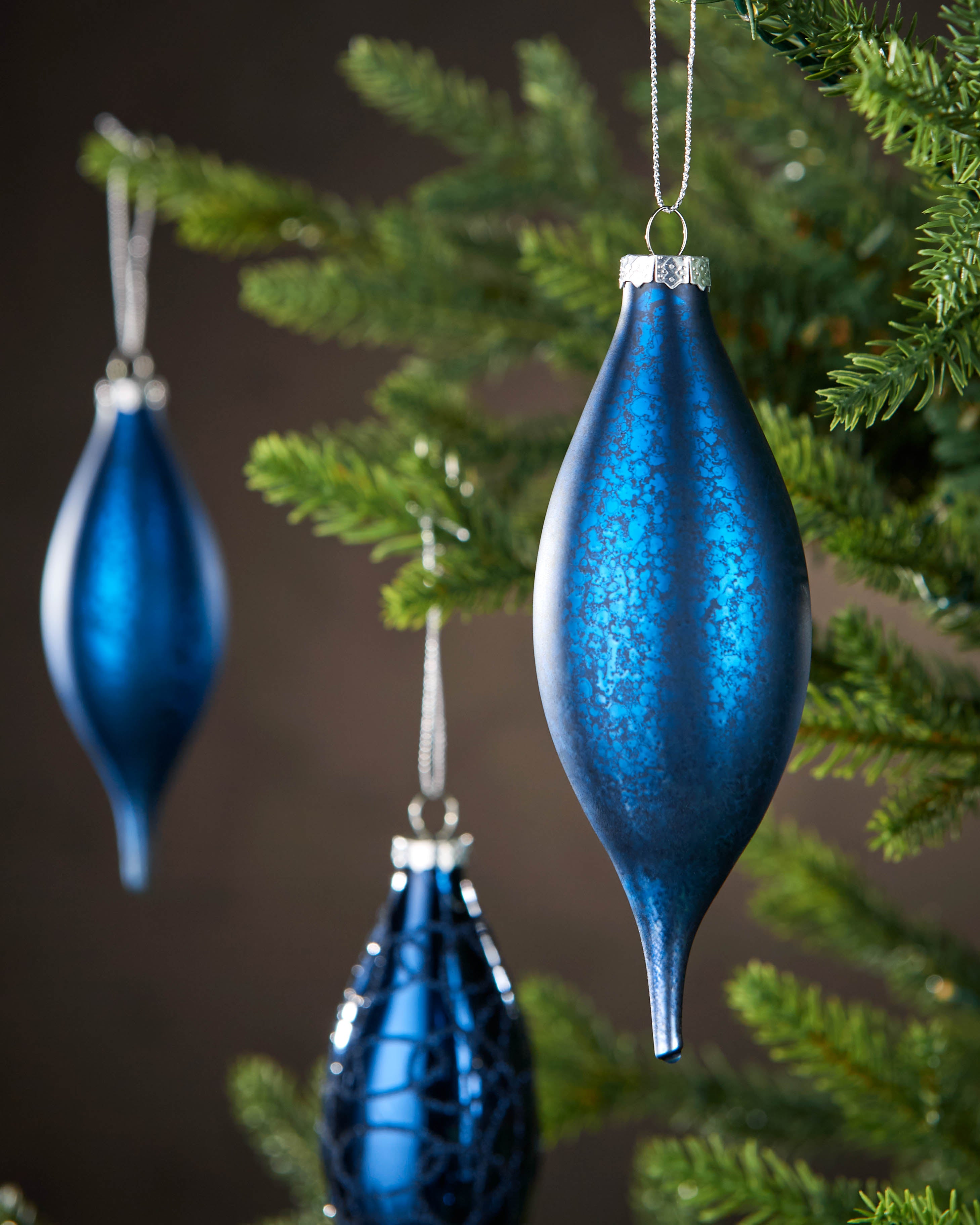 Set of 5 Large Glass Teardrop Baubles, Navy, 15 cm