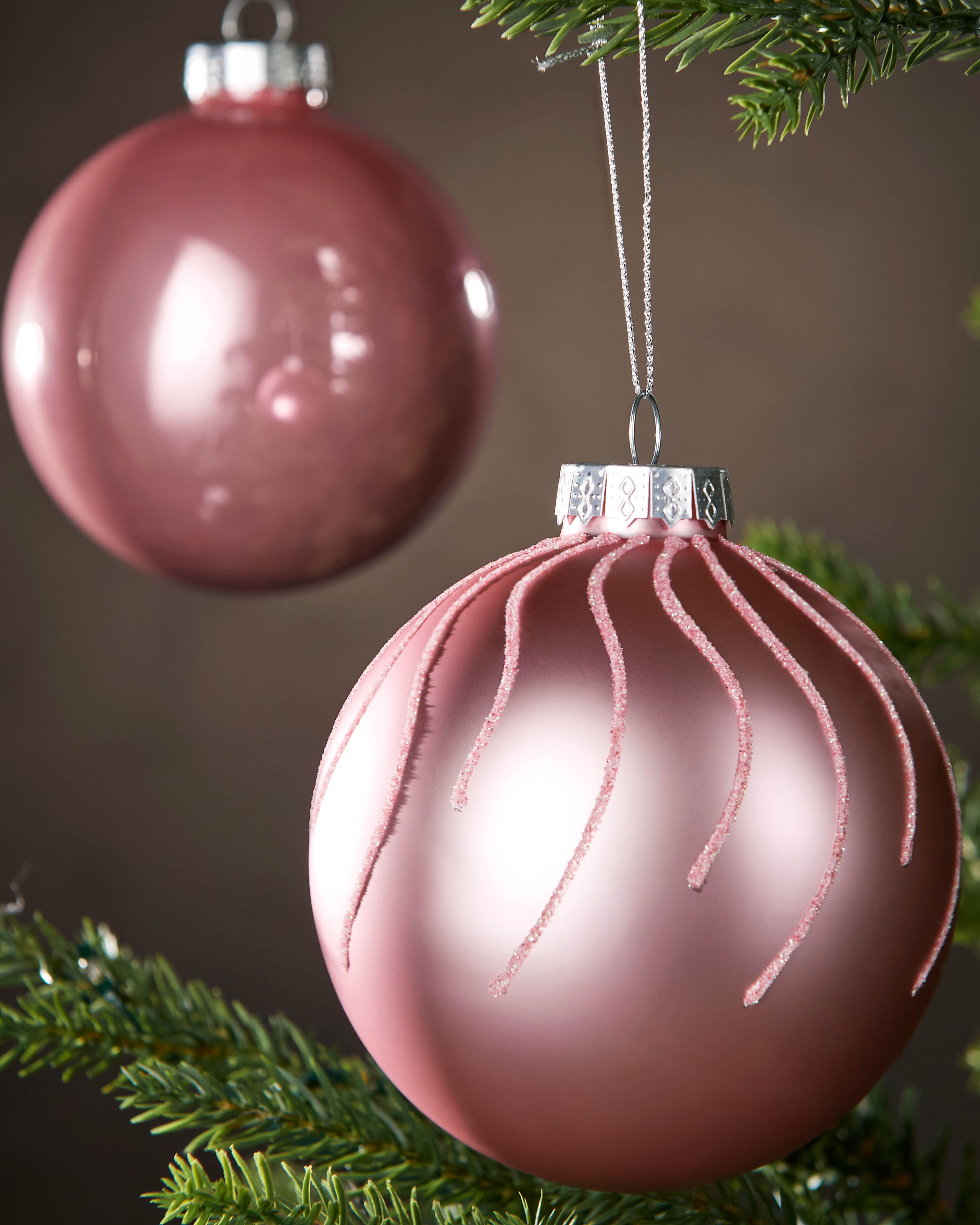 6 Baby Pink Glass Baubles, 10 cm