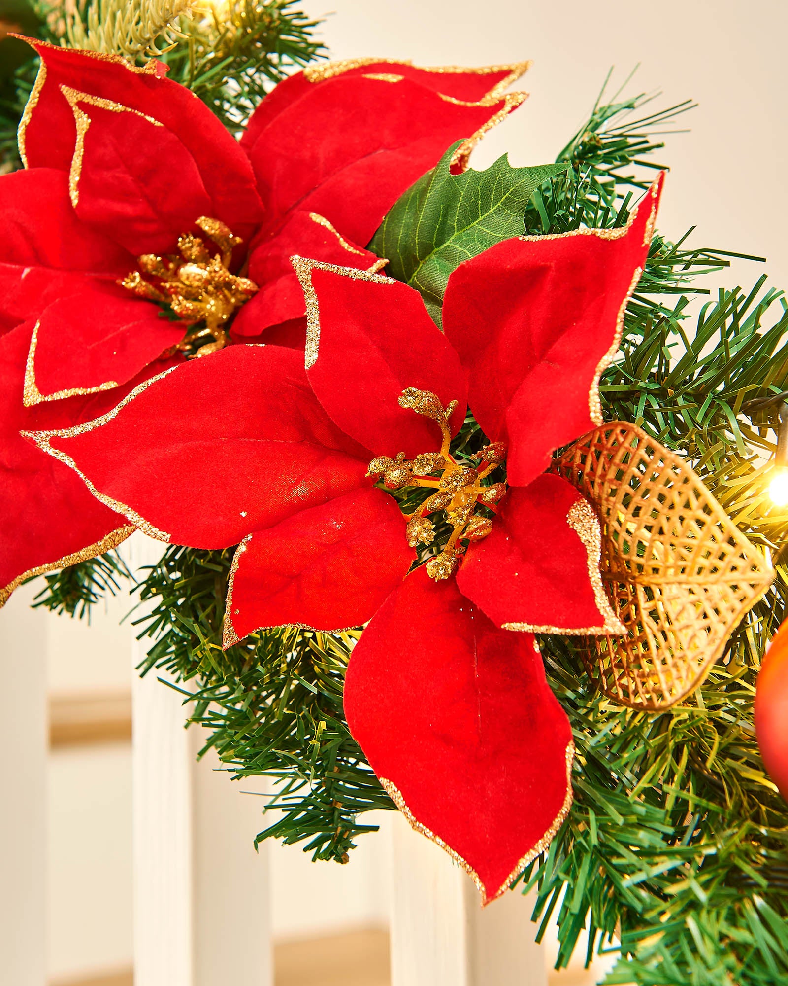 Pre-Lit Warm White Decorated Garland, Red/Gold, 9 ft
