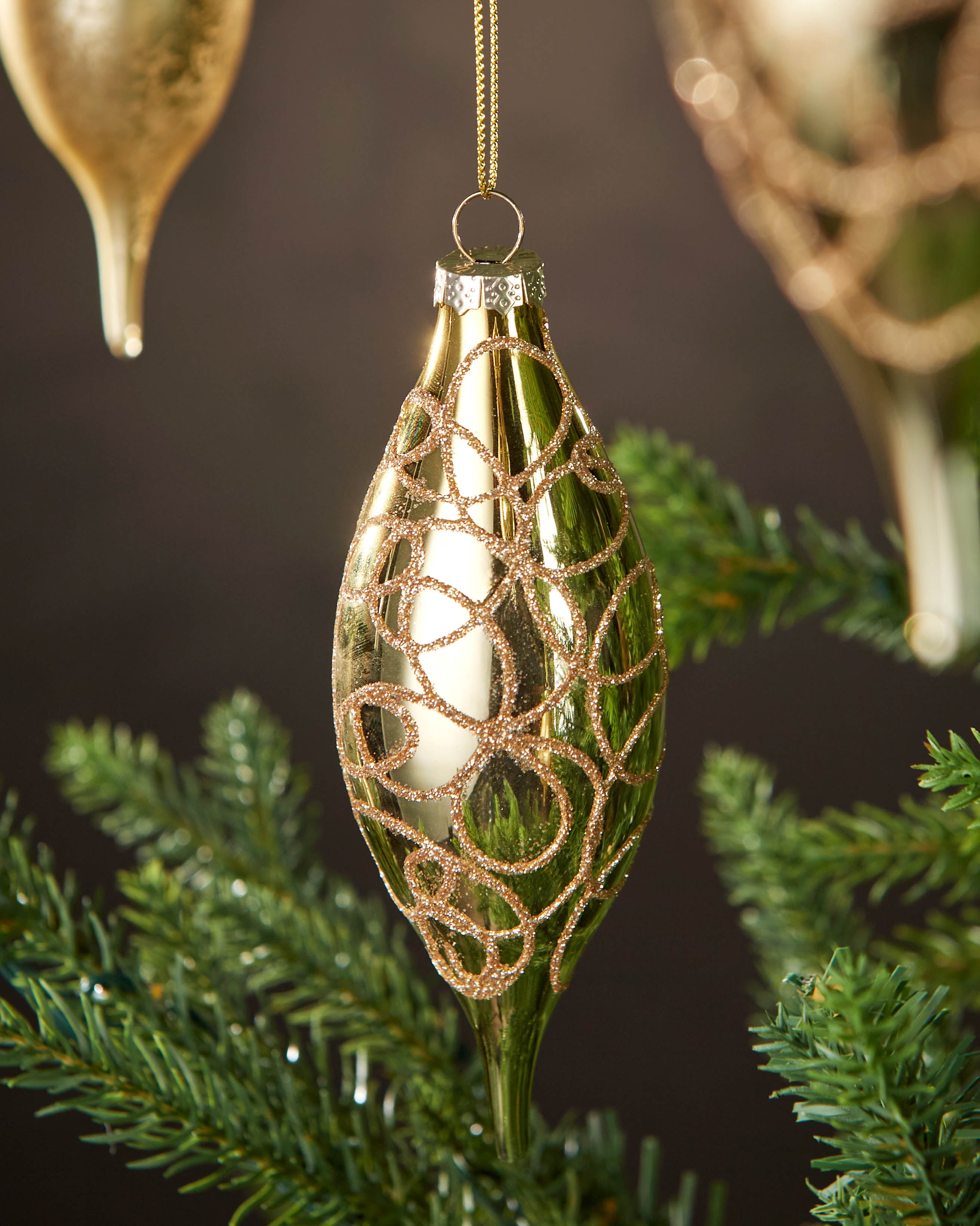 Set of 5 Large Glass Teardrop Baubles, Gold, 15 cm