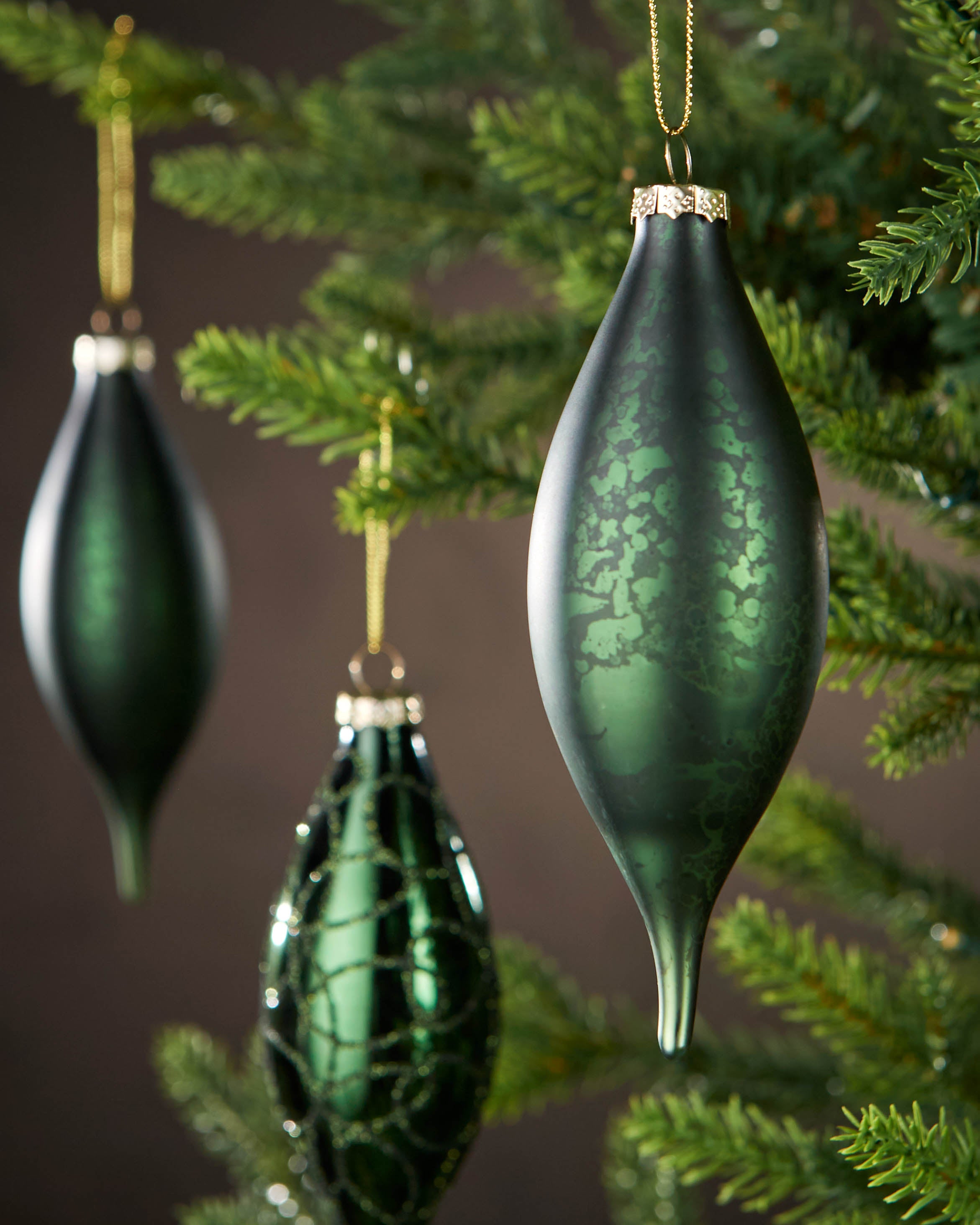 Set of 5 Large Glass Teardrop Baubles, Sage Green, 15 cm