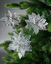 Set of 3 Silver Artificial Poinsettia Flowers with Clip, 12 cm