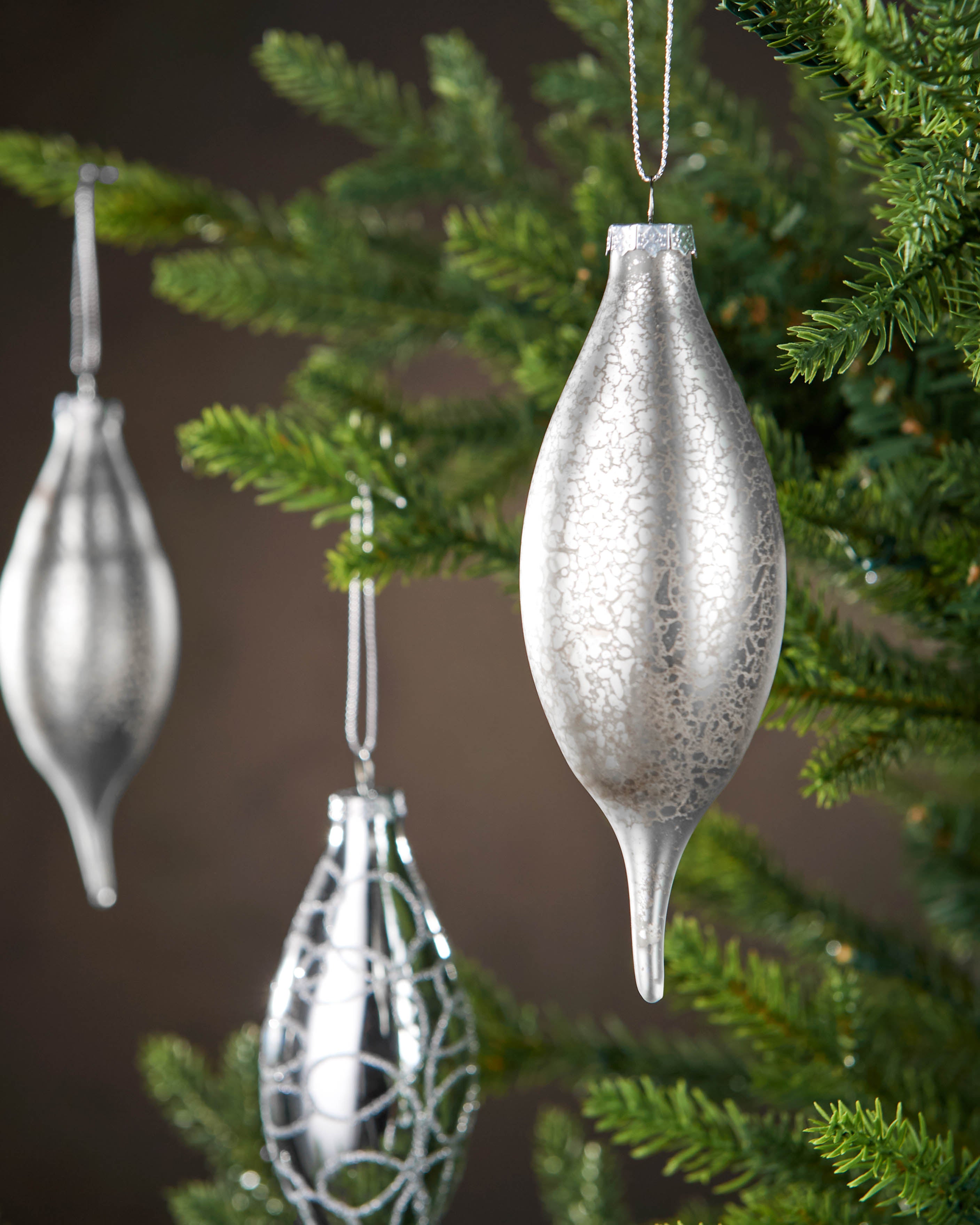 Set of 5 Large Glass Teardrop Baubles, Silver, 15 cm