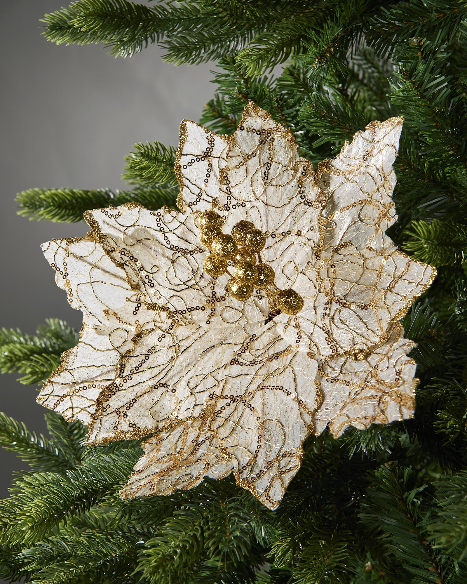 White & Gold Artificial Poinsettia Flower, 32 cm