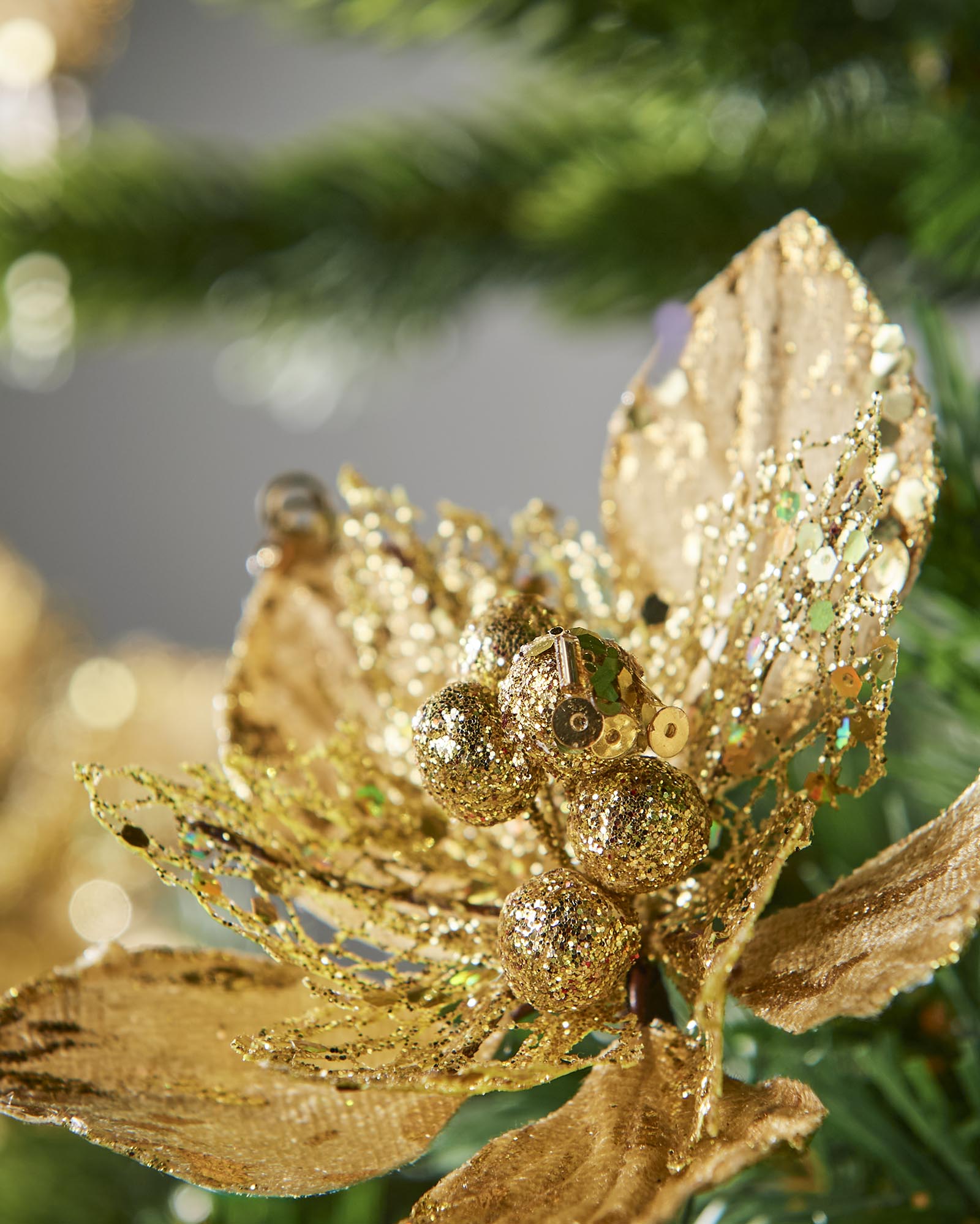 Set of 3 Gold Artificial Poinsettia Flowers with Clip, 12 cm
