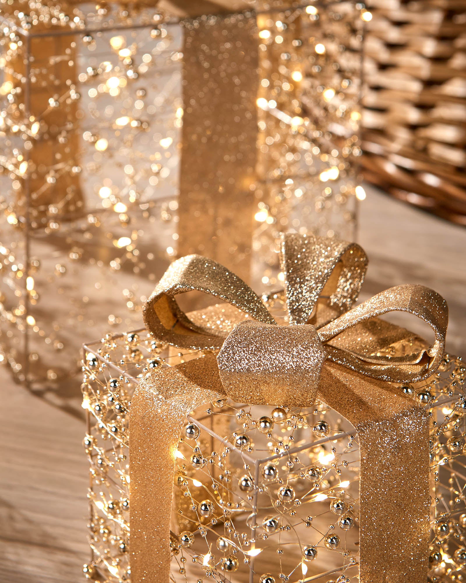 Set of 3 Pre-Lit Beaded Gift Boxes, 30 cm