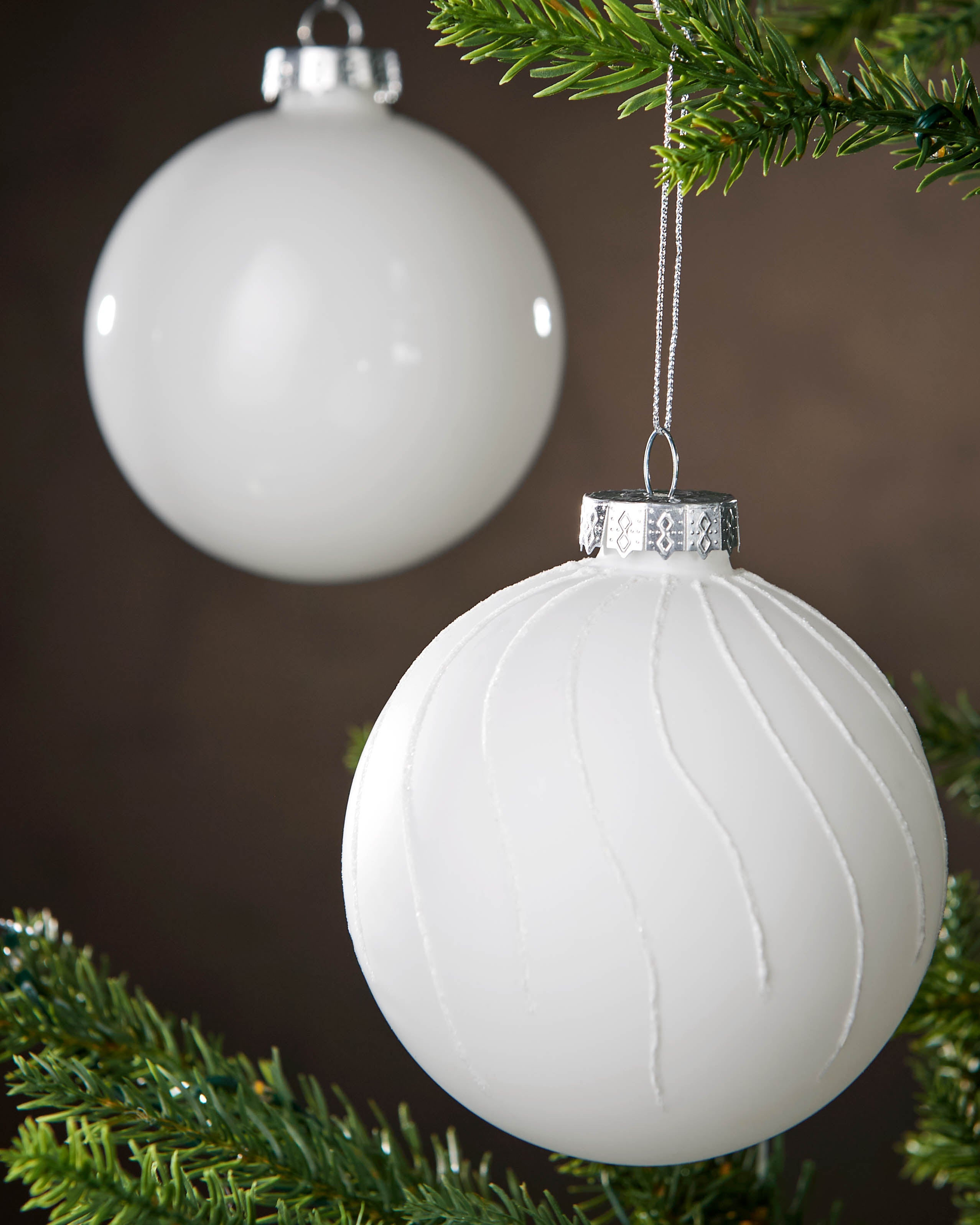 Set of 6 Glass Baubles, White, 10 cm