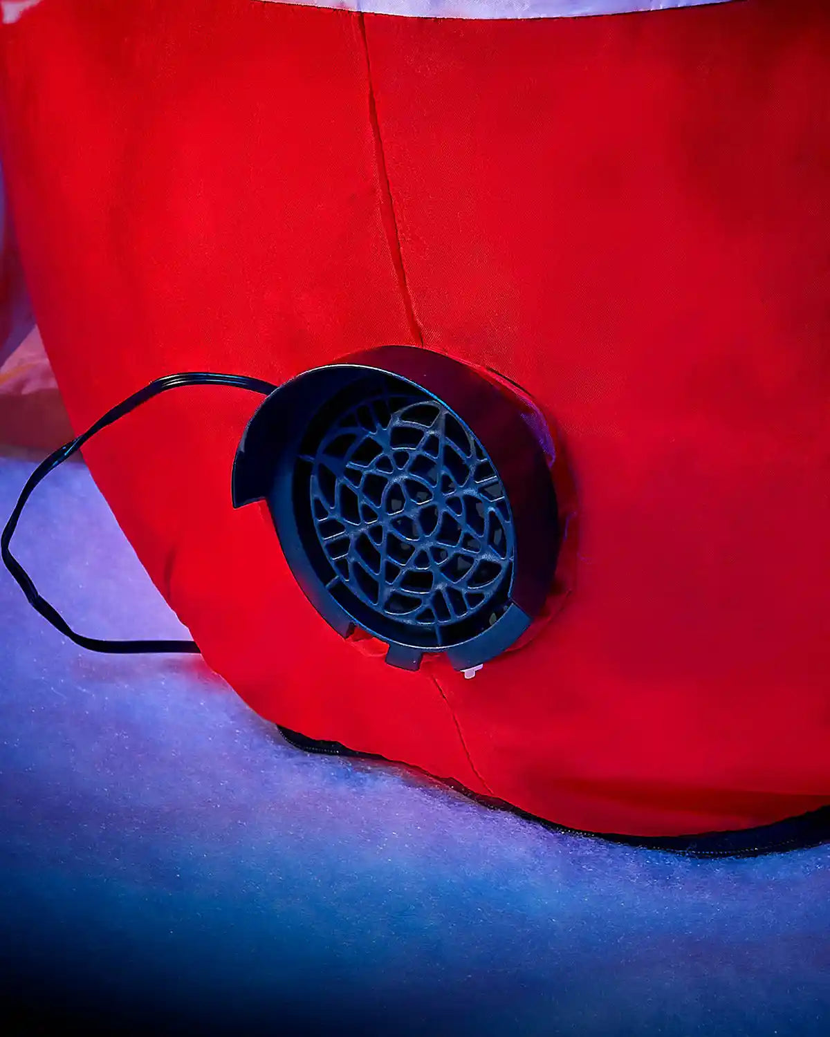 Close-up of the fan on the 4 ft pre-lit inflatable Santa display