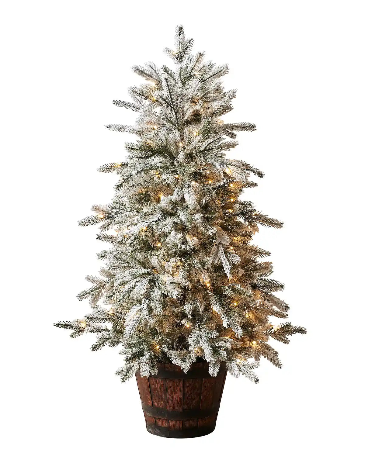 4 ft pre-lit snow flocked potted Christmas tree with warm white lights in a rustic pot on a white background