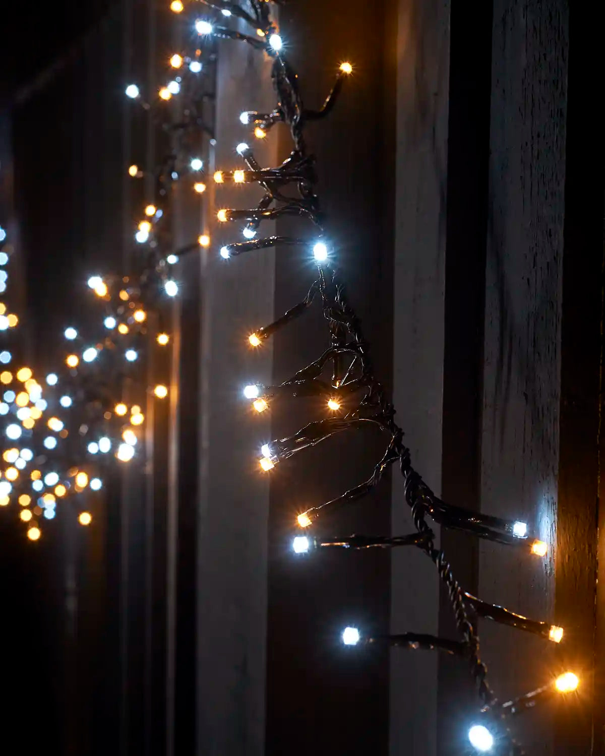 Warm white and white cluster lights on black cable arranged along a wooden fence at night.