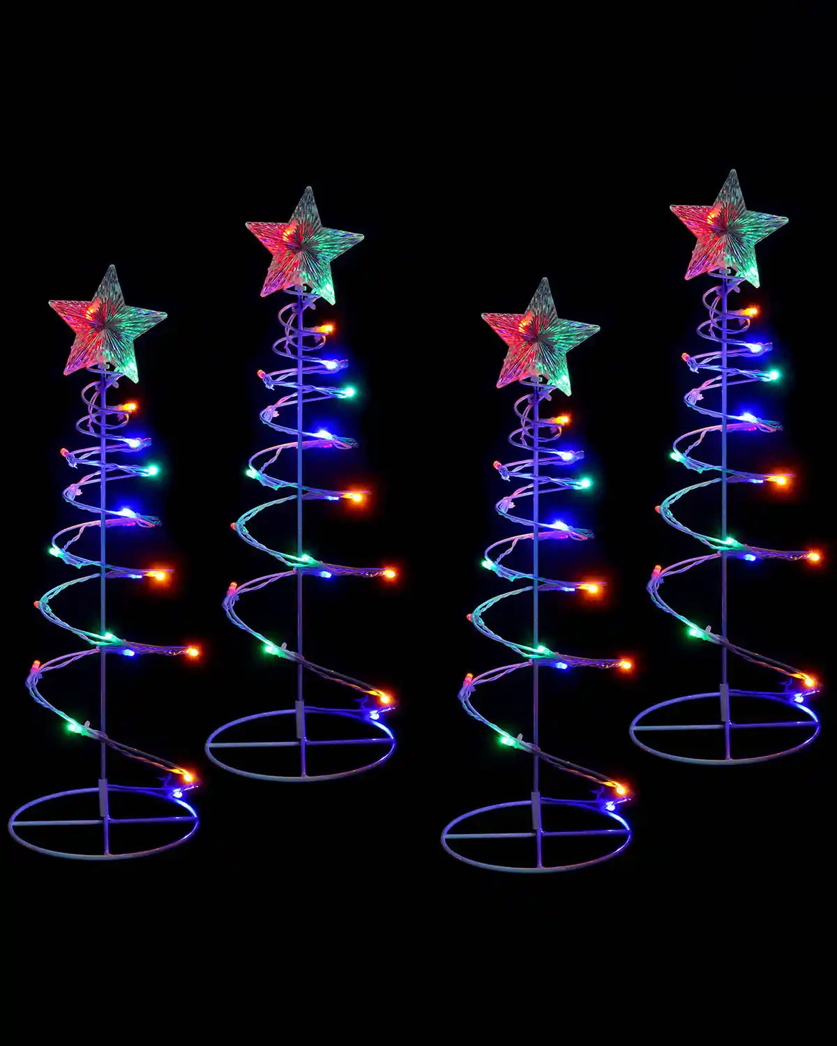 Set of four 55cm pre-lit spiral tree displays with multi-coloured LEDs and star toppers