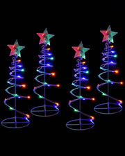 Set of four 55cm pre-lit spiral tree displays with multi-coloured LEDs and star toppers