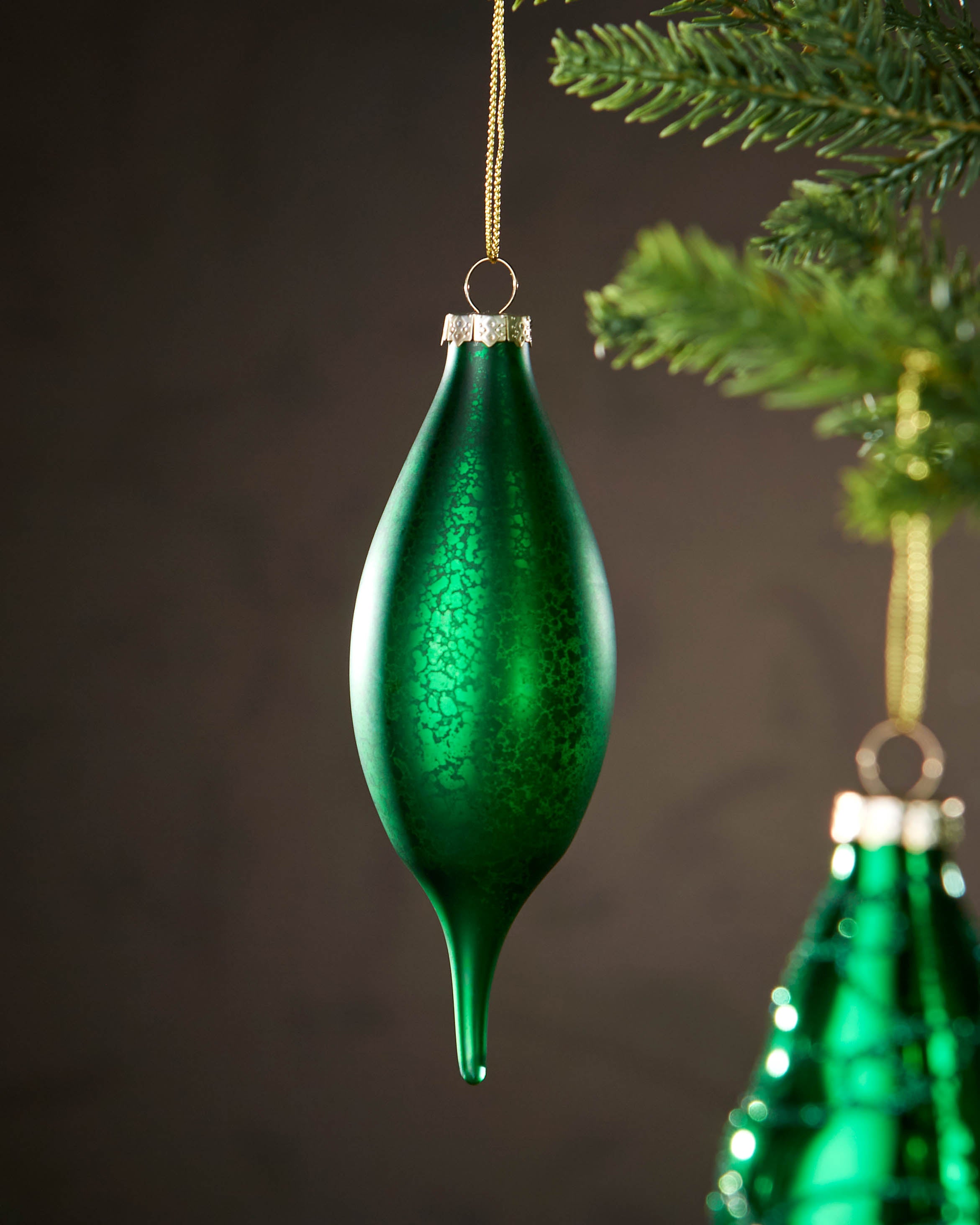Set of 5 Large Glass Teardrop Baubles, Christmas Green, 15 cm