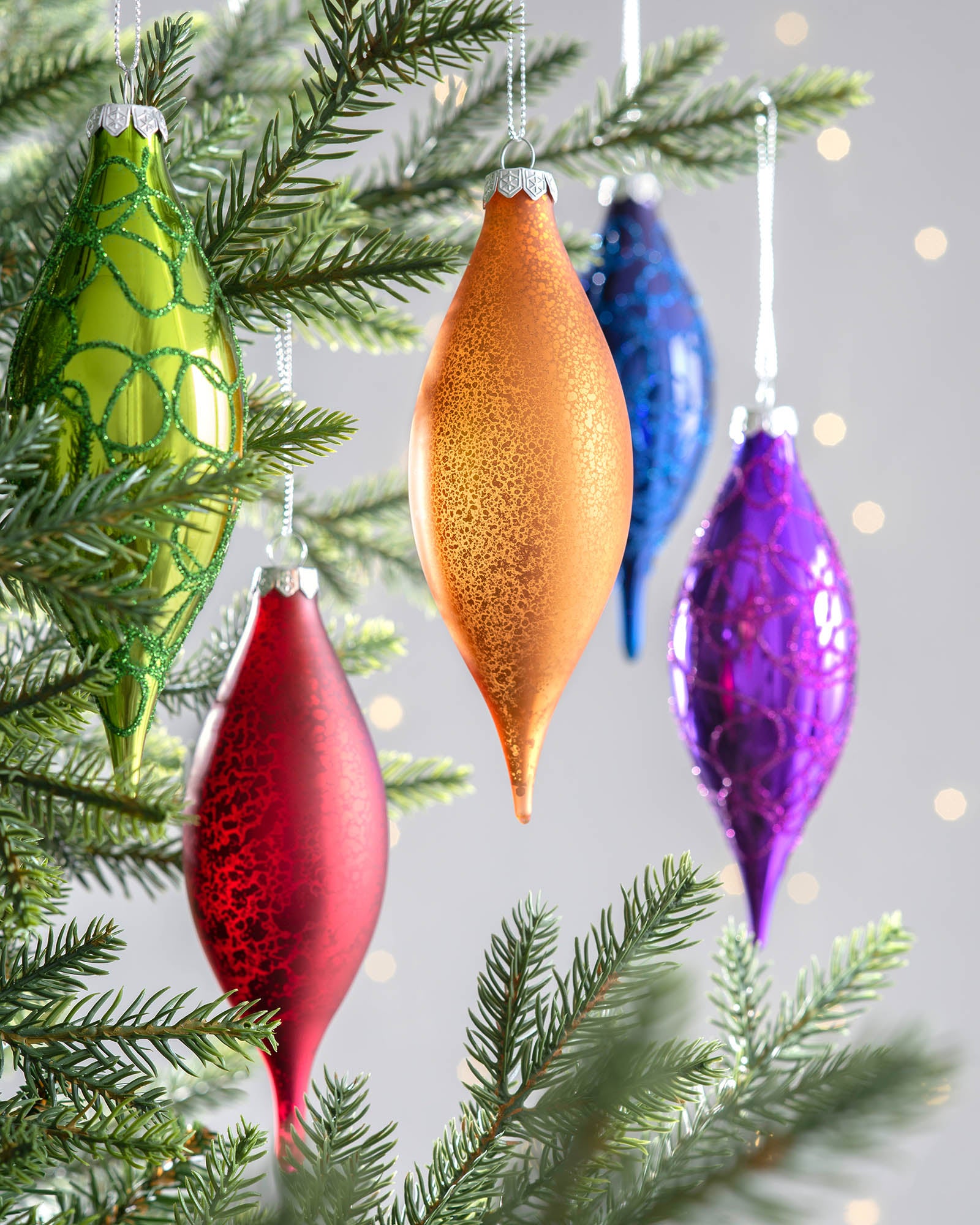 Set of 5 Large Glass Teardrop Baubles, Multi-Colour, 15 cm