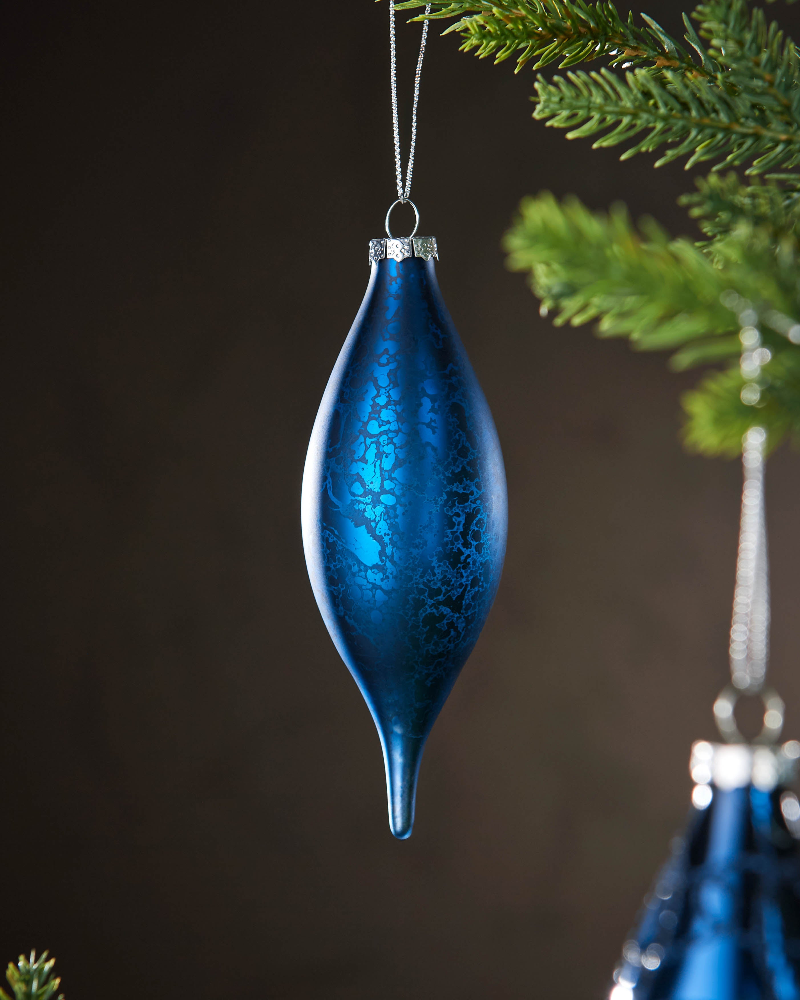 Set of 5 Large Glass Teardrop Baubles, Navy, 15 cm