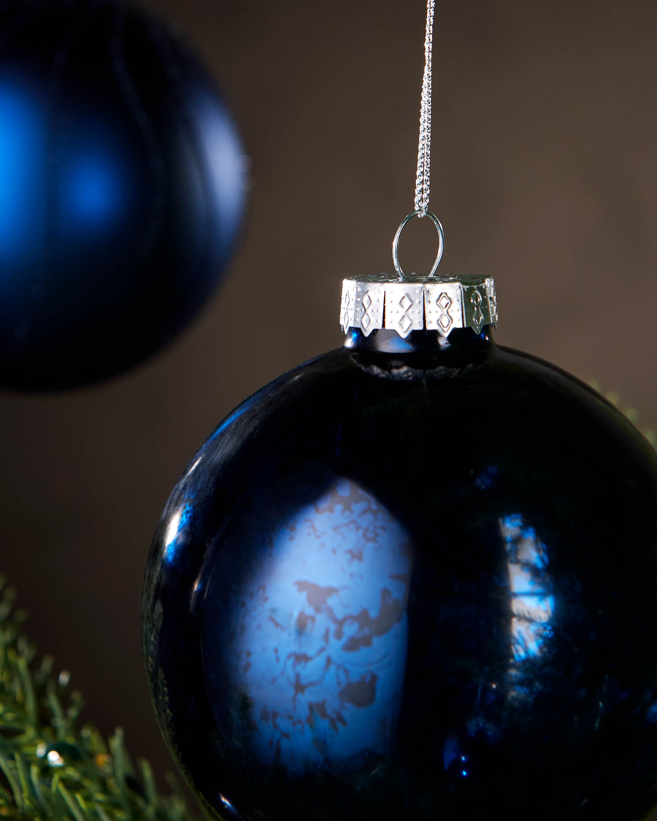 Set of 6 Glass Baubles, Navy, 10 cm