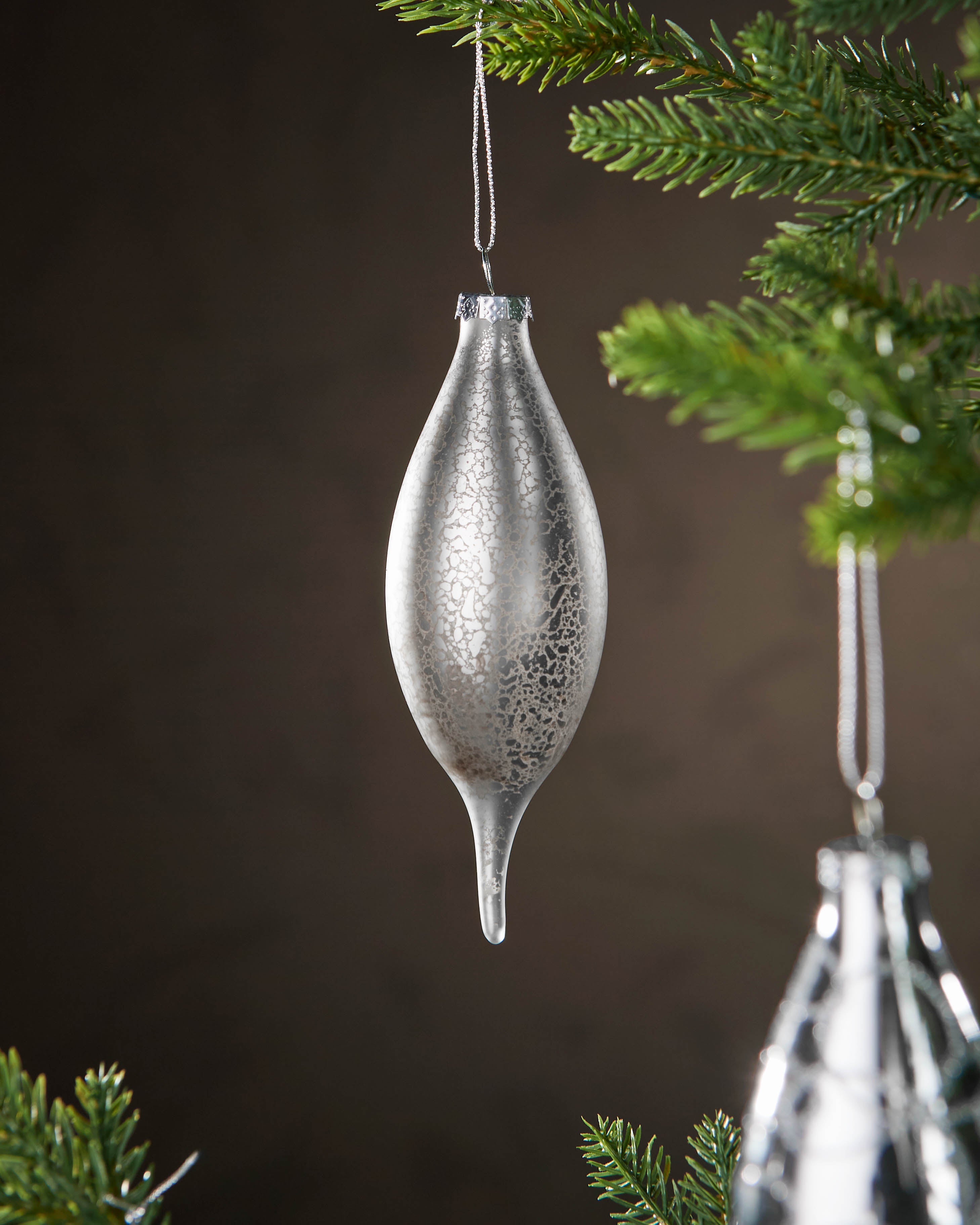 Set of 5 Large Glass Teardrop Baubles, Silver, 15 cm
