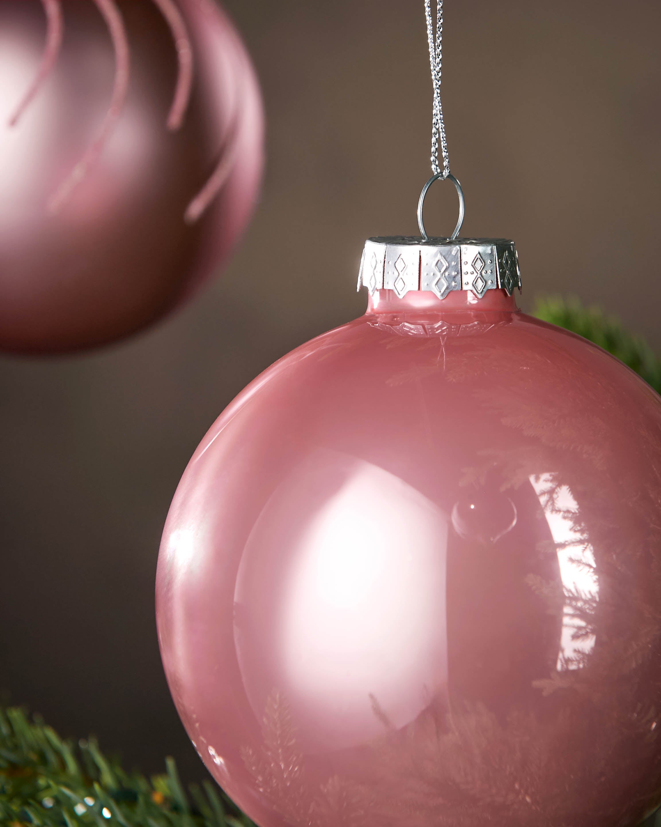 6 Baby Pink Glass Baubles, 10 cm