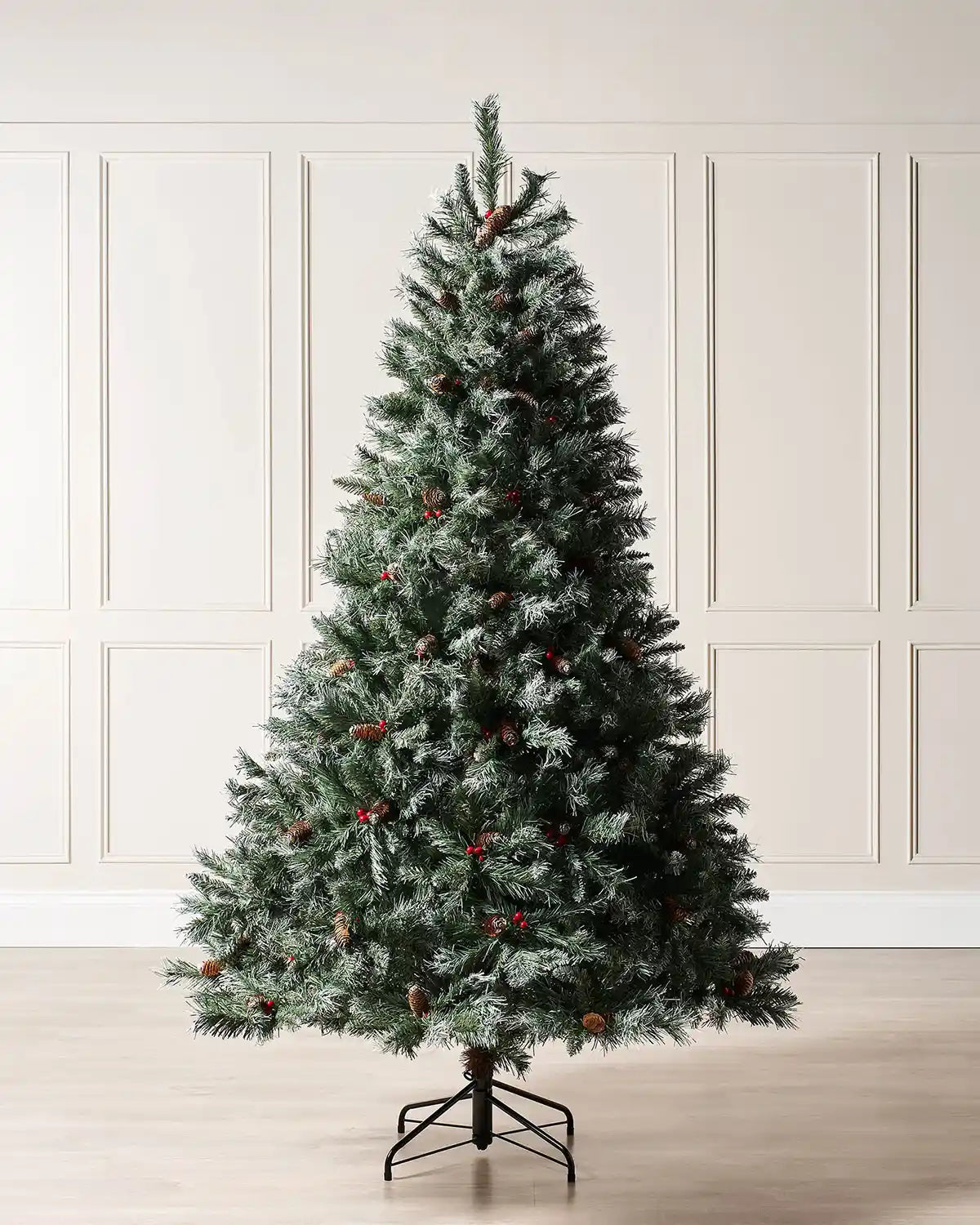 5 ft Scandinavian blue spruce Christmas tree with frosted branches, pinecones and red berries