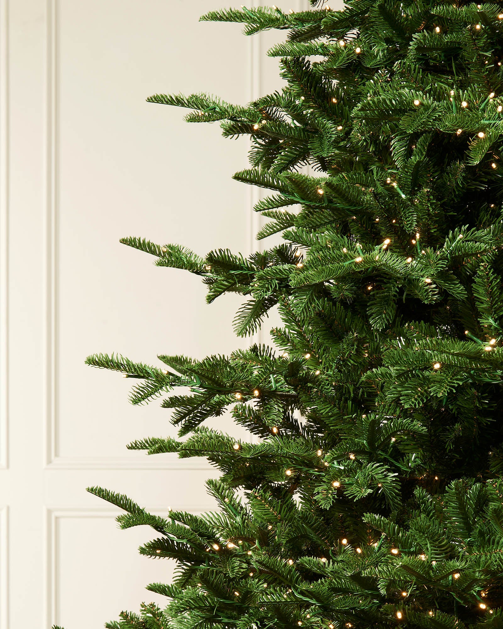 Close-up of layered green Noble Fir branches with warm white lights.