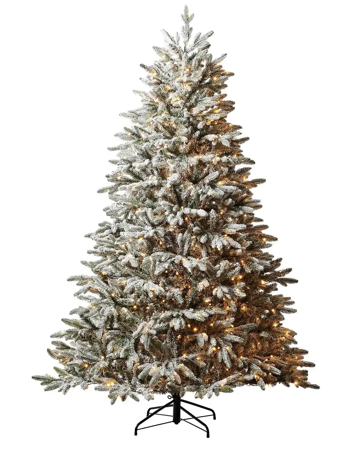 6.5 ft pre-lit snow flocked Christmas tree with warm white lights and black metal stand on a white background