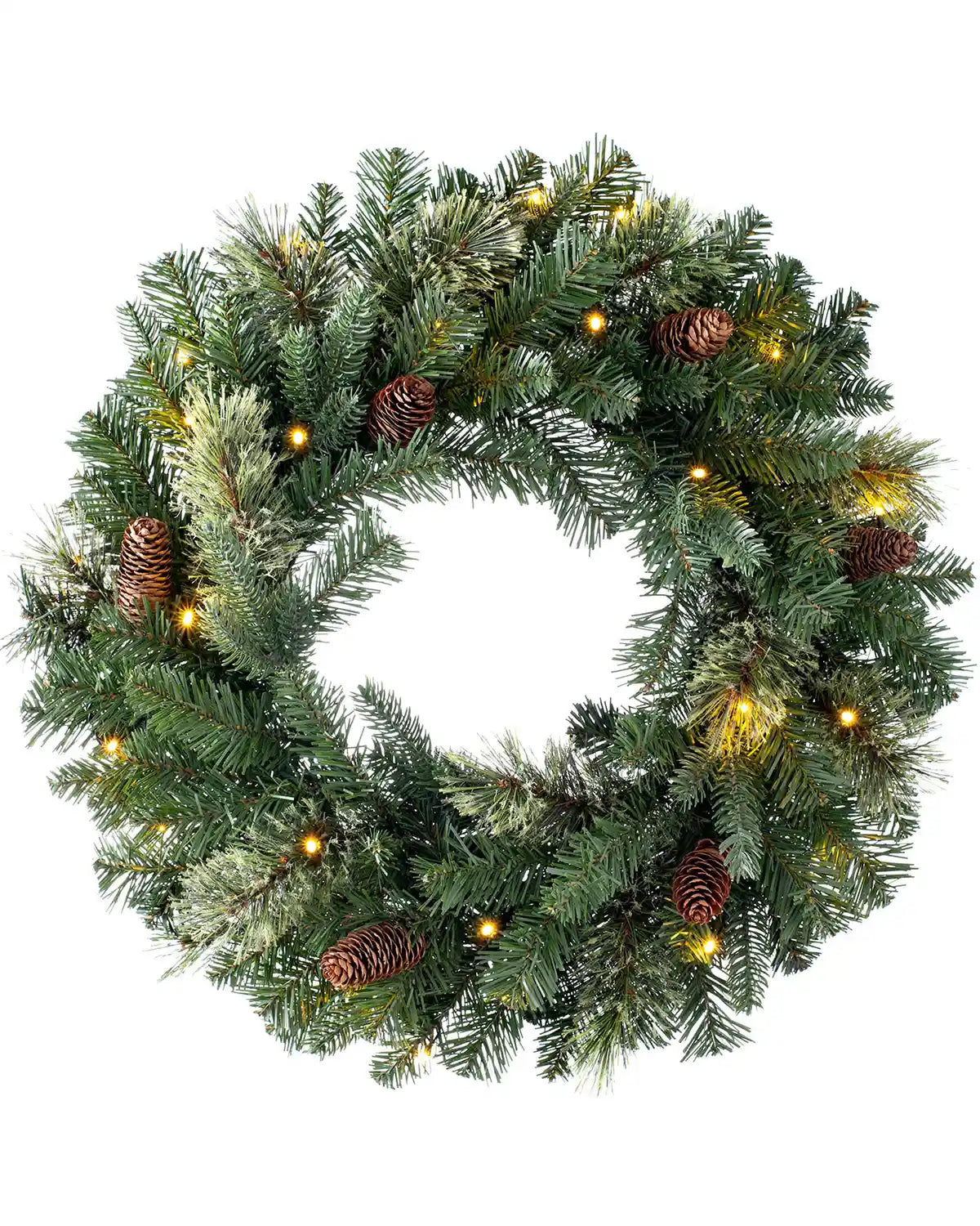 60 cm pre-lit natural pine Christmas wreath with pinecones and warm white lights on a white background