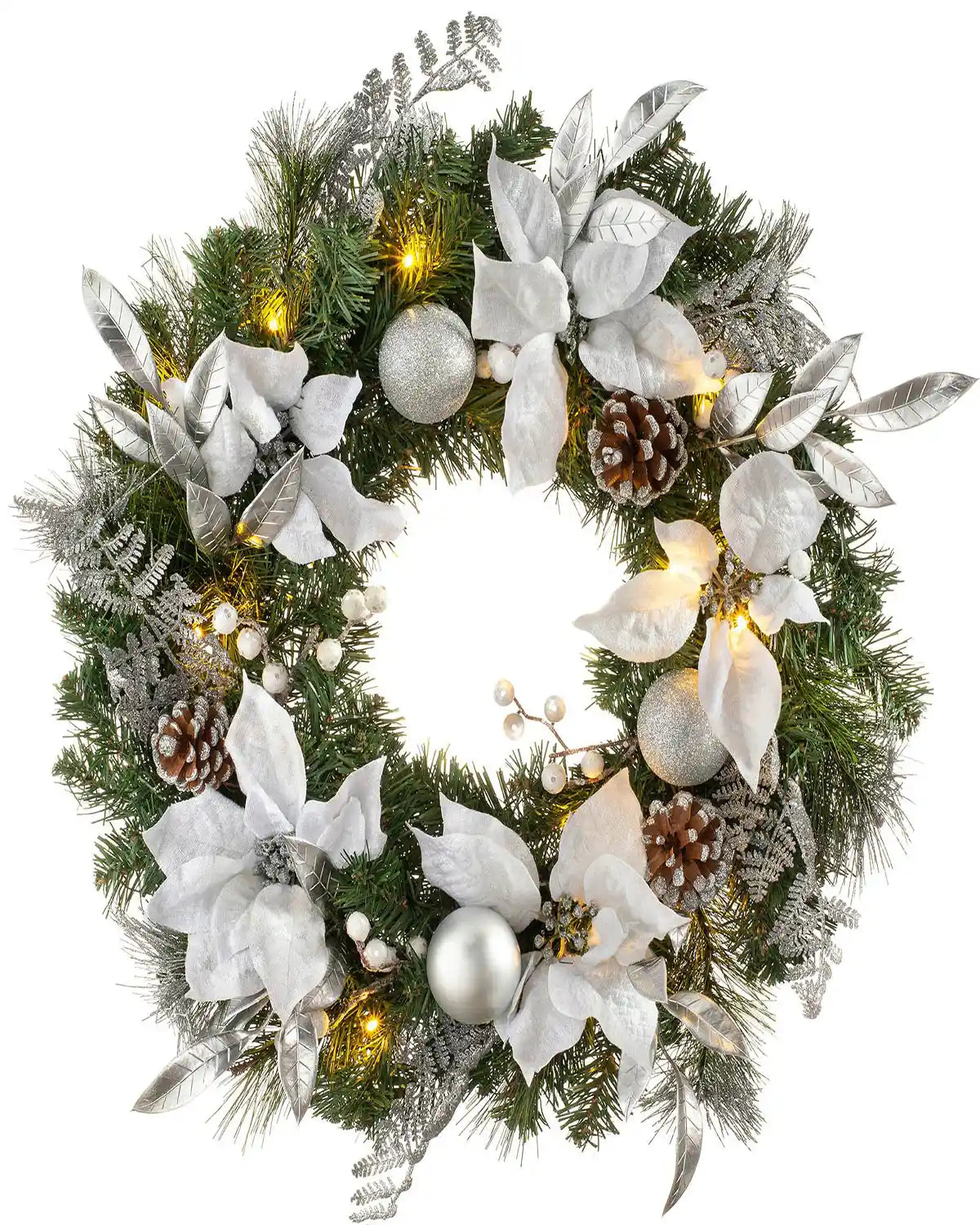 60 cm pre-lit silver and white decorated Christmas wreath with warm white lights on a white background