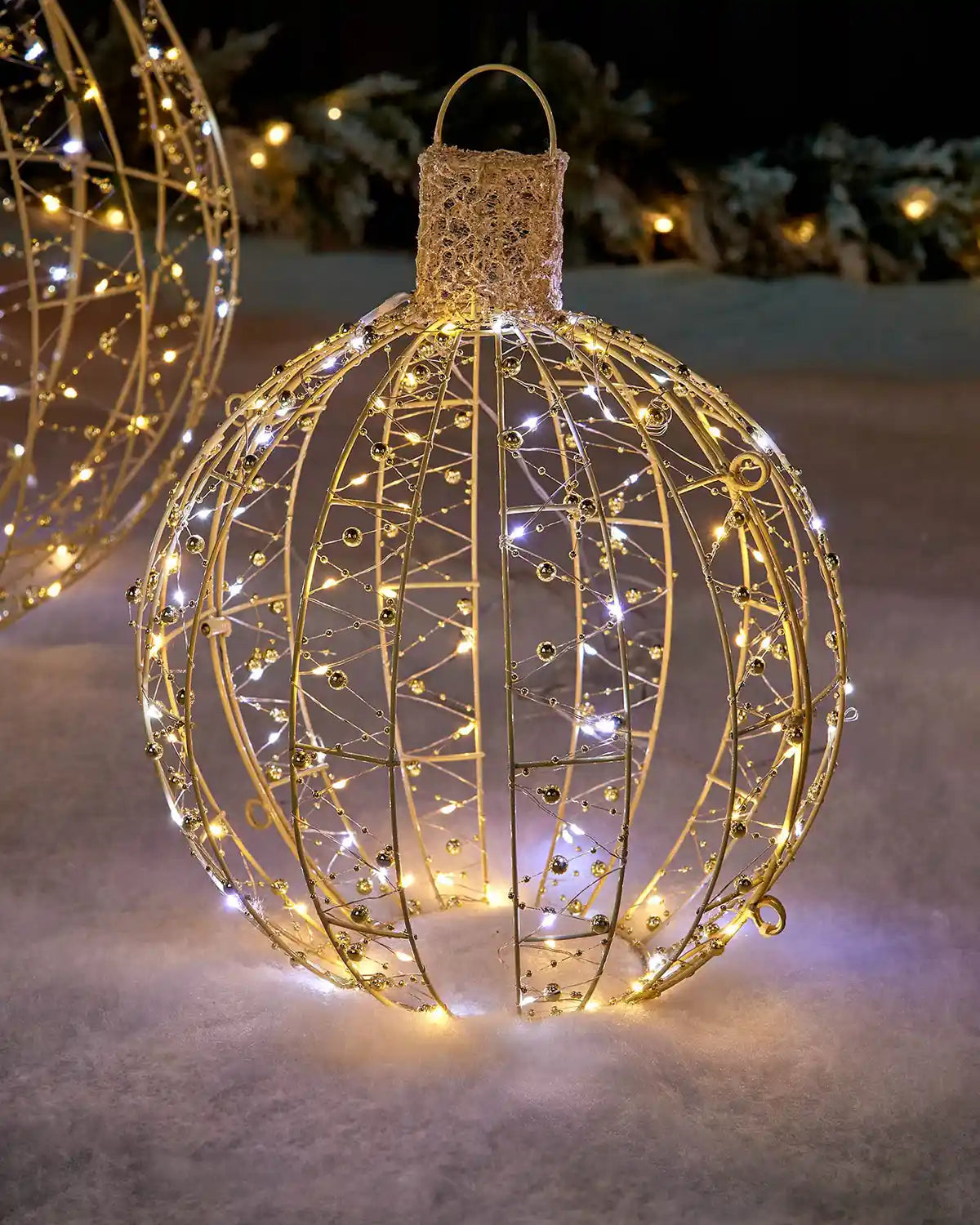Medium pre-lit gold bauble silhouette with beaded detail and mixed warm and bright white LEDs.
