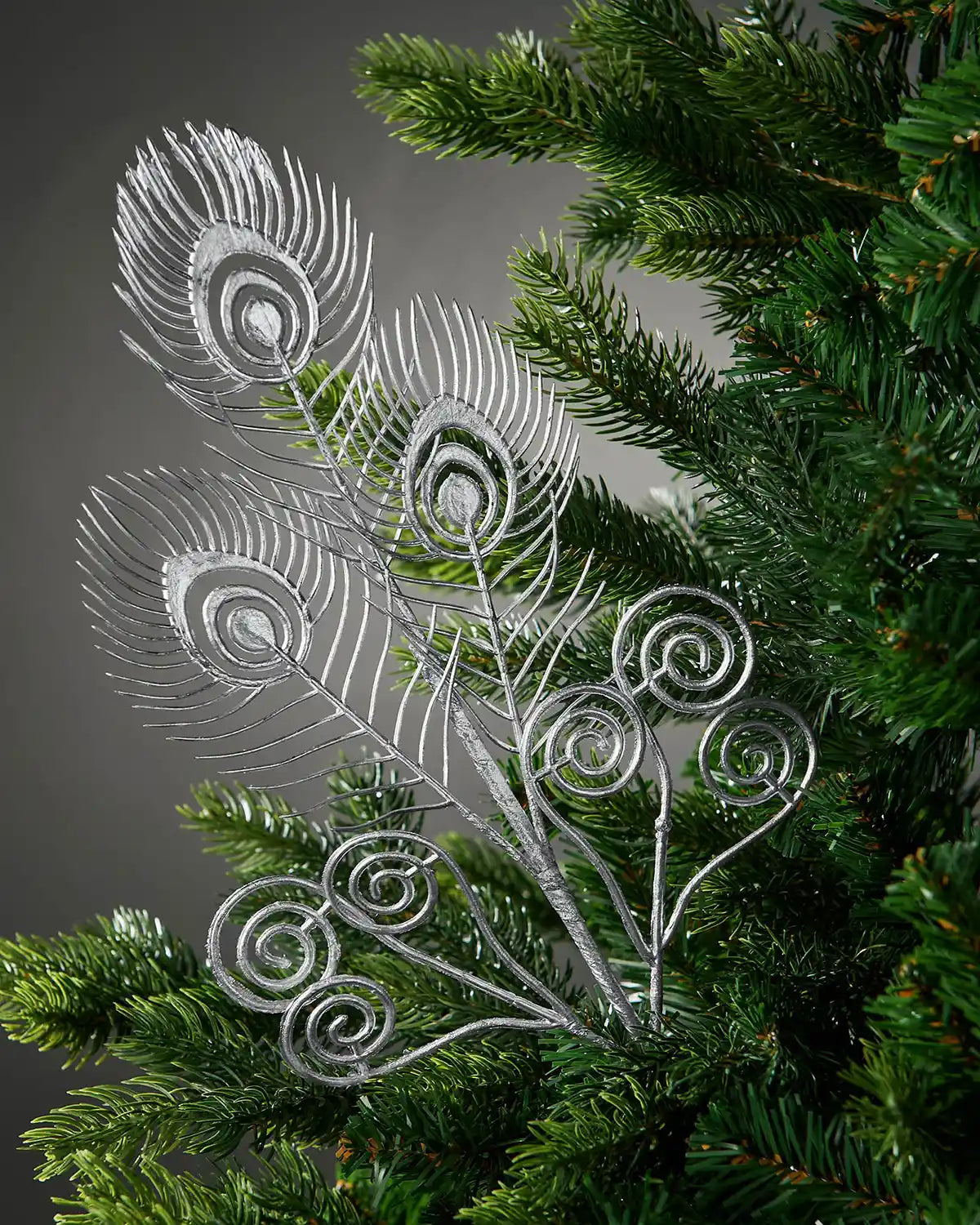 62 cm silver artificial feather pick styled in a Christmas tree