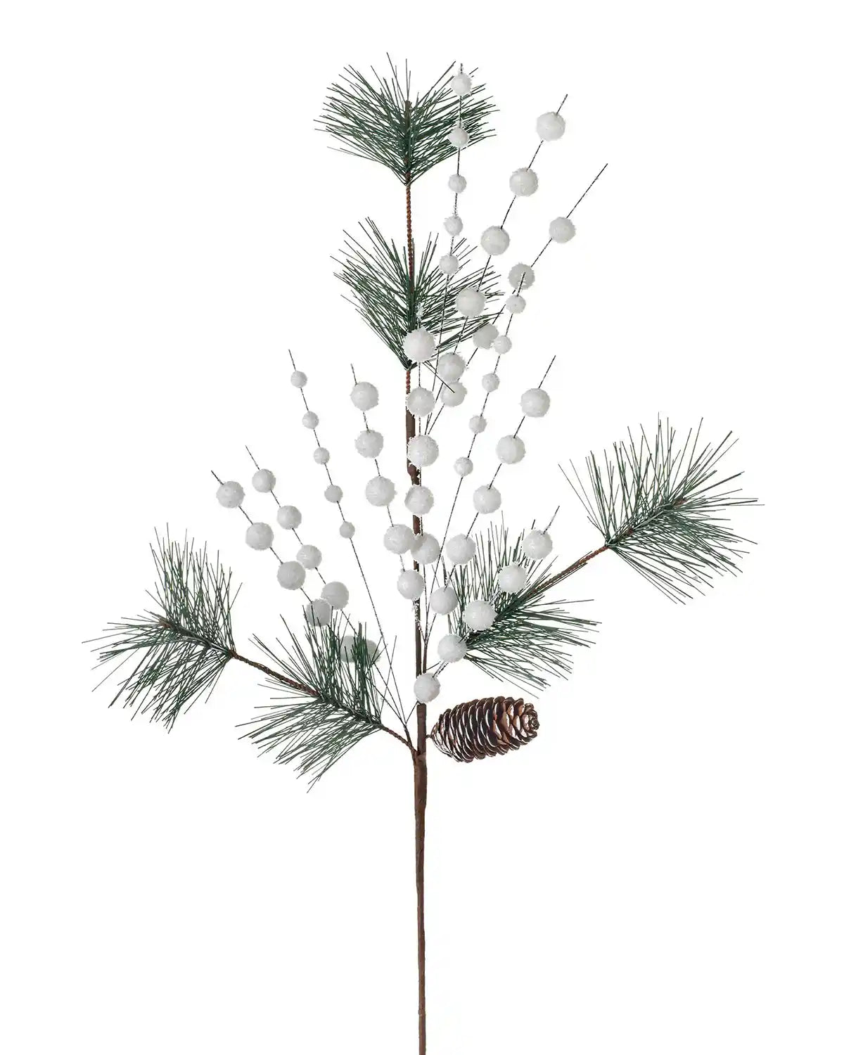 66 cm white artificial berries and pine cone pick on a white background