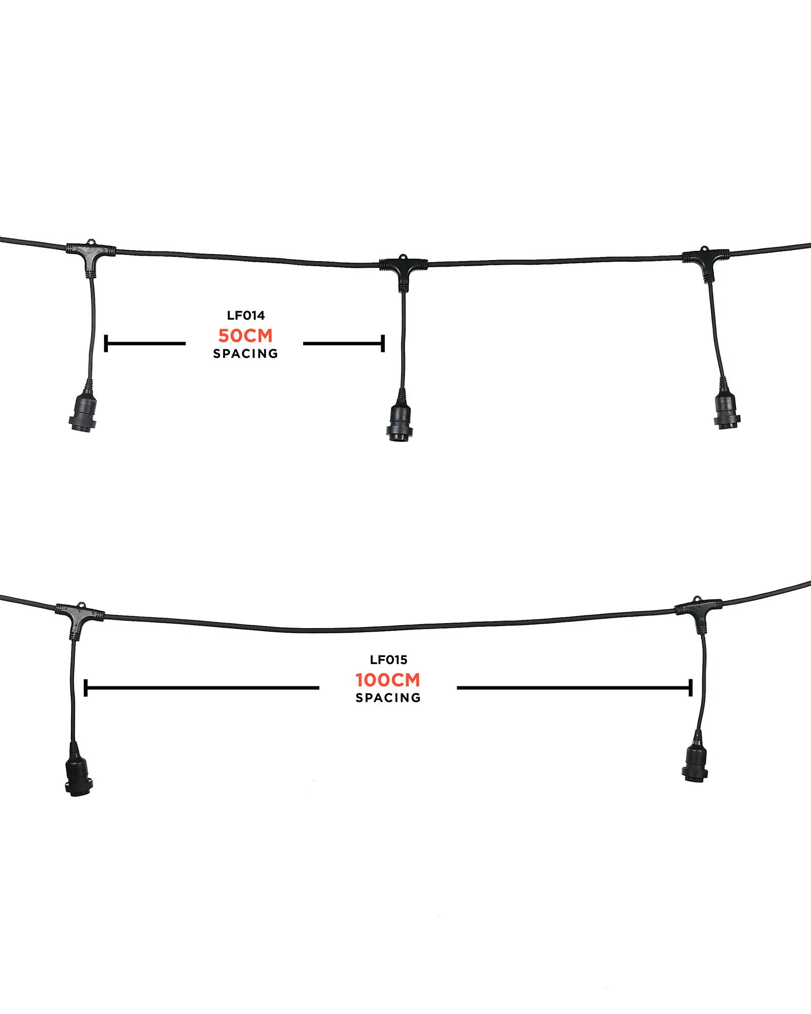 240v Festoon Series E27 Long Drop Belt, Connectable, 10 Sockets, 100 cm Spacing