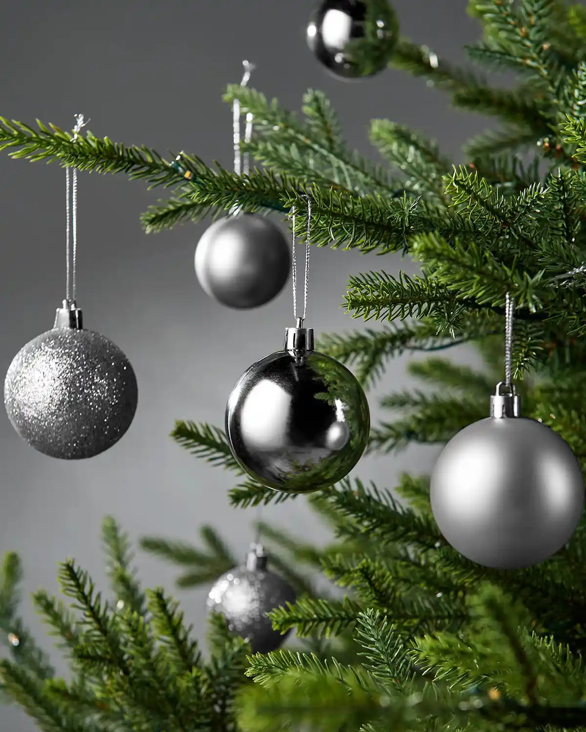 6 Silver  Christmas baubles on a tree against a grey background