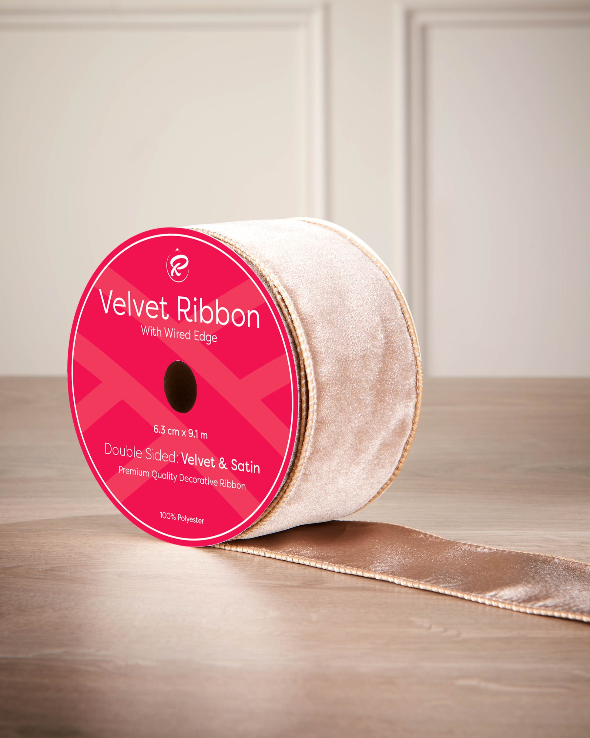 6 cm mocha velvet ribbon on a spool with wired edge and 9 m length shown on the label.