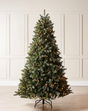 6 ft pre-lit Crawford pine Christmas tree with warm white lights, pinecones and metal tree stand