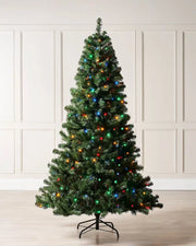 6 ft pre-lit emerald spruce Christmas tree with multi-coloured LEDs and a metal tree stand