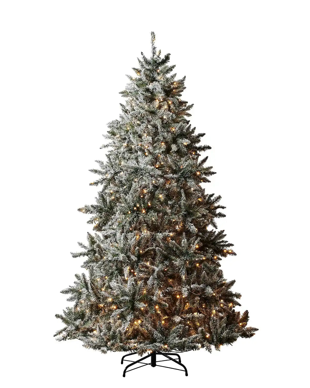 6 ft pre-lit full bodied snow flocked Christmas tree with warm white lights and a black metal stand on a white background