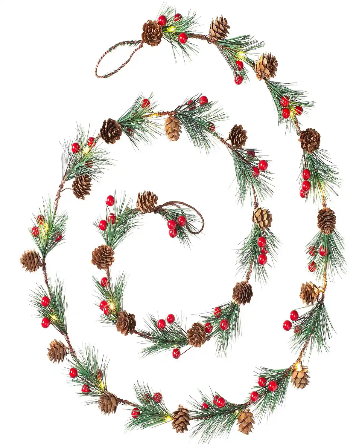 6 ft pre-lit pinecones and berries light string on a white background