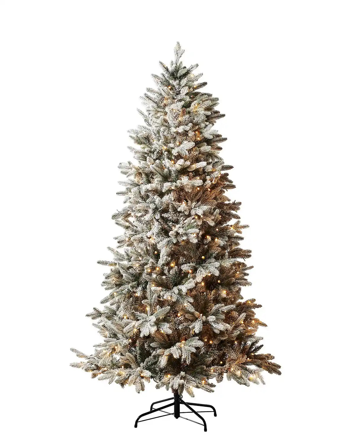 6 ft pre-lit slim snow flocked Christmas tree with warm white lights and a black metal stand on a white background