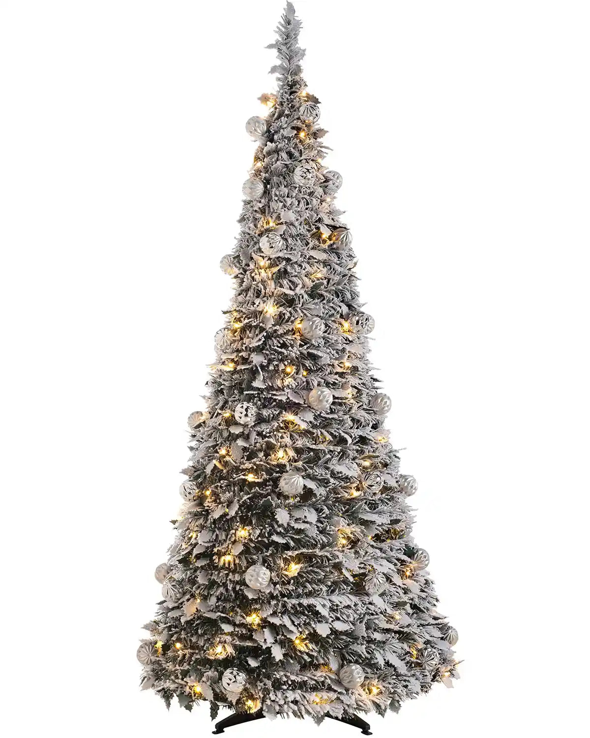 6 ft pre-lit decorated pop-up snow flocked Christmas tree on a white background