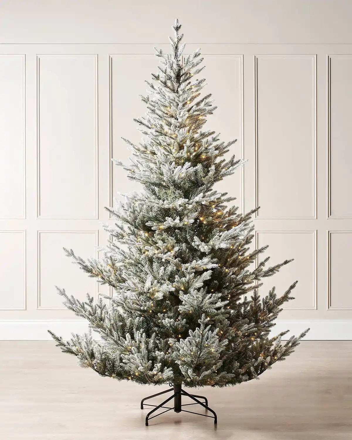 6ft Snow Flocked Douglas Fir Christmas Tree with lights on a cream panel background
