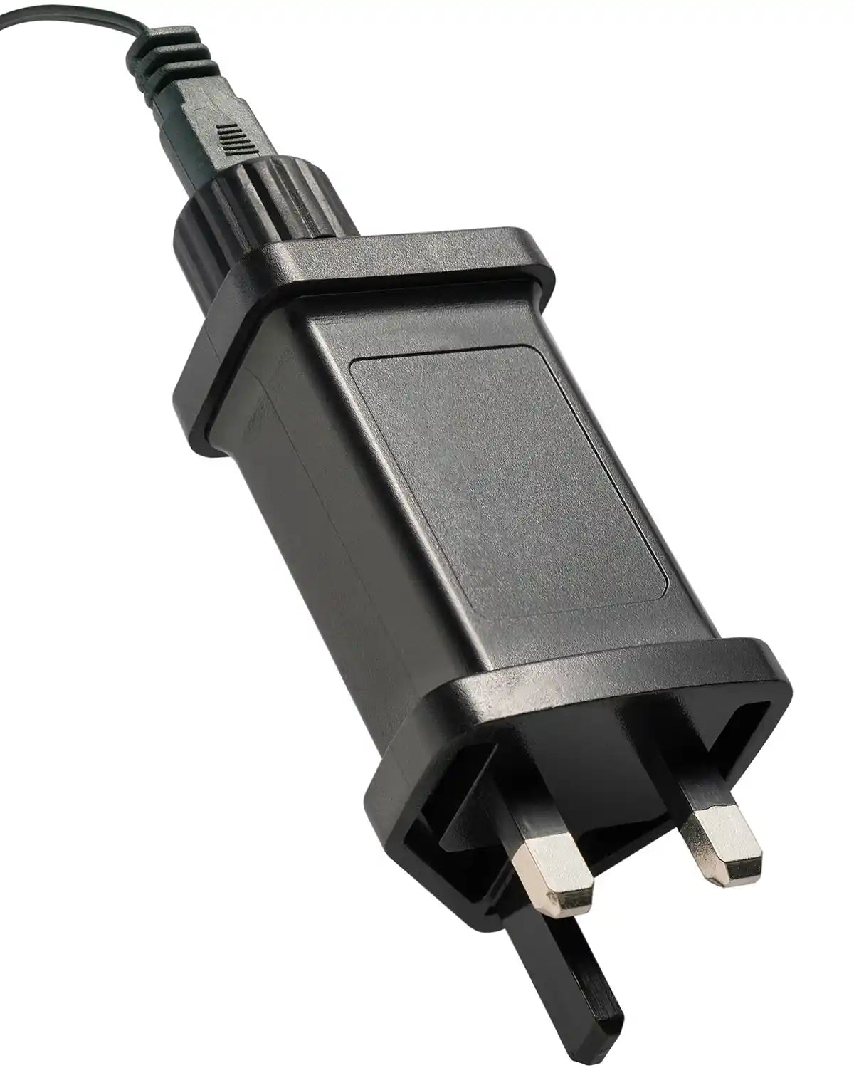 Low voltage transformer plug for Christmas tree pathway lights on white background
