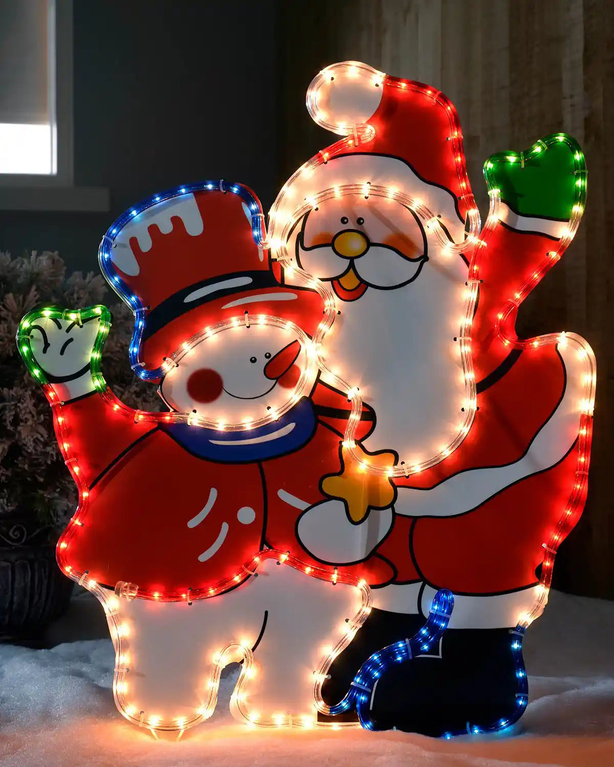 71 cm pre-lit Santa and snowman rope light display with multi-coloured LEDs
