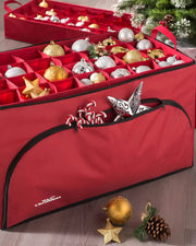 Red bauble storage box with compartments filled with Christmas decorations