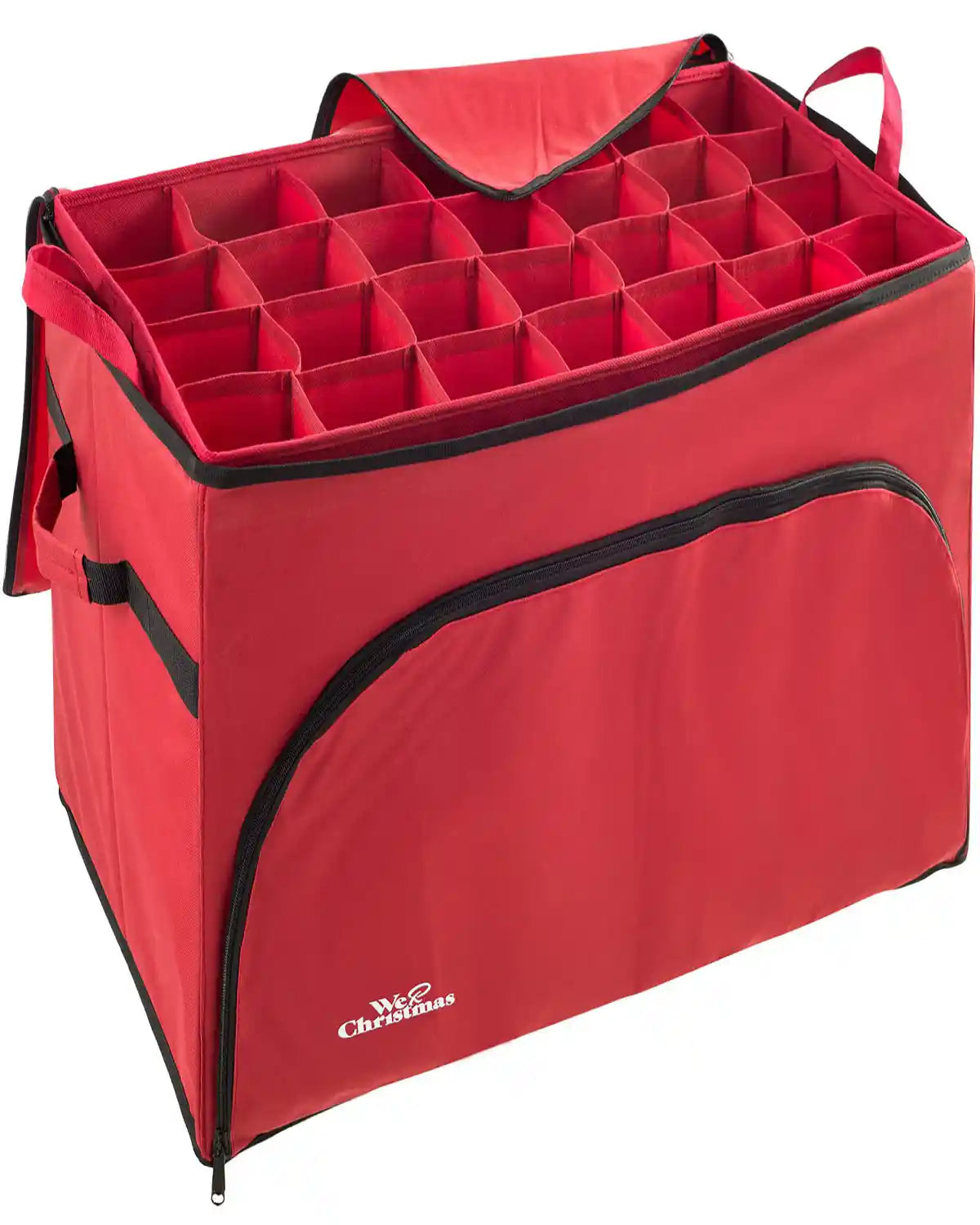 72 piece red bauble and decoration storage box open on a white background