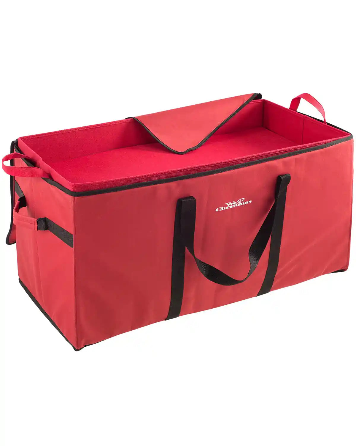 76 cm red bauble and decoration storage box open on a white background