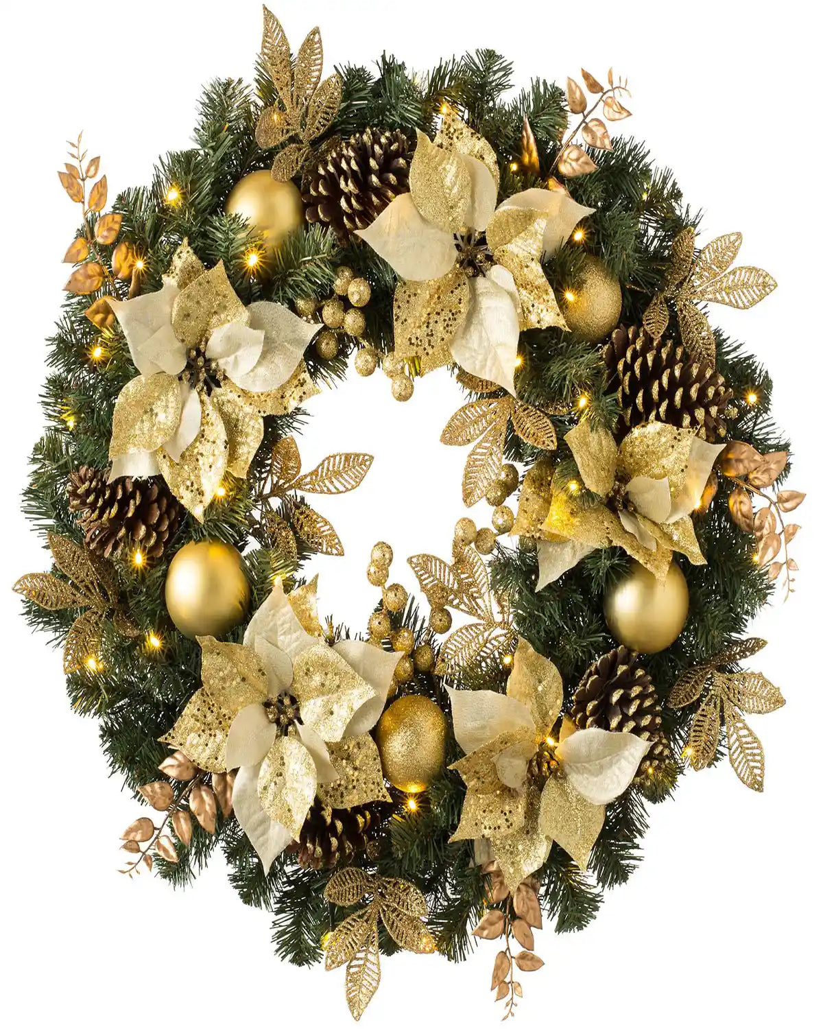 76 cm pre-lit extra thick cream and gold Christmas wreath with warm white lights on a white background