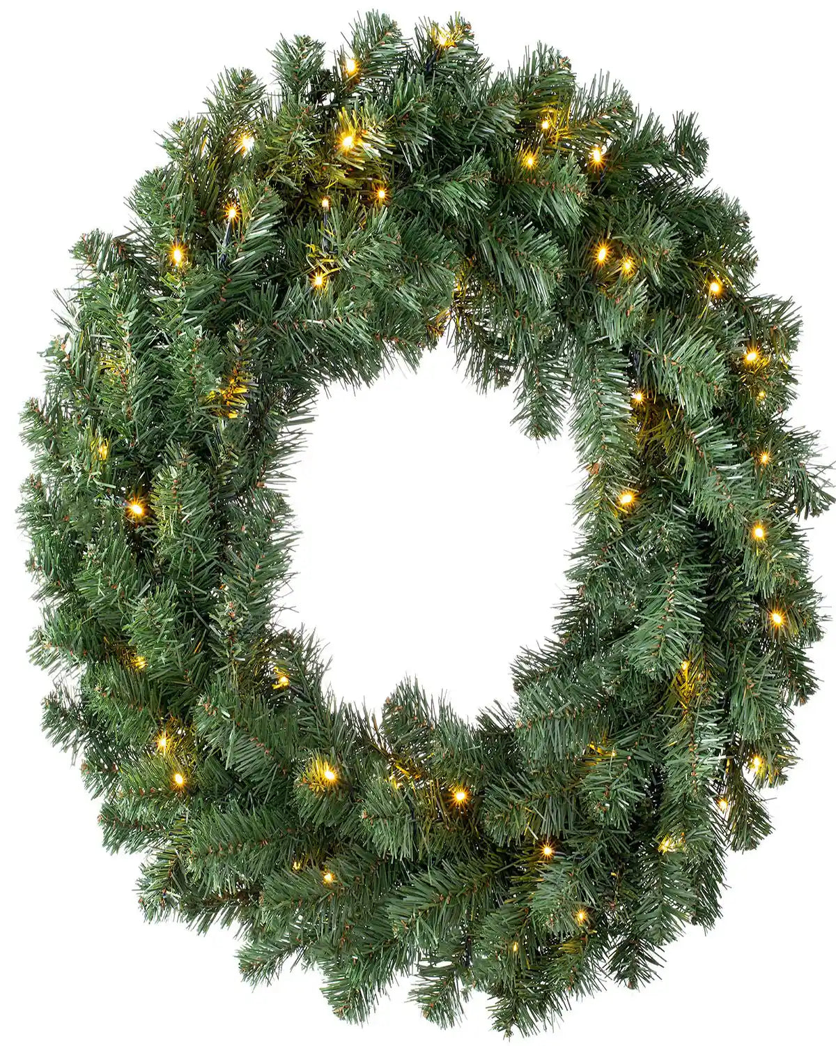 76 cm pre-lit extra thick green Christmas wreath with warm white lights on a white background
