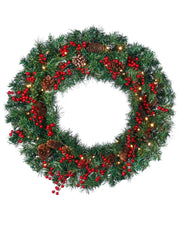 76 cm pre-lit extra thick Christmas wreath with pinecones, red berries and warm white lights on a white background