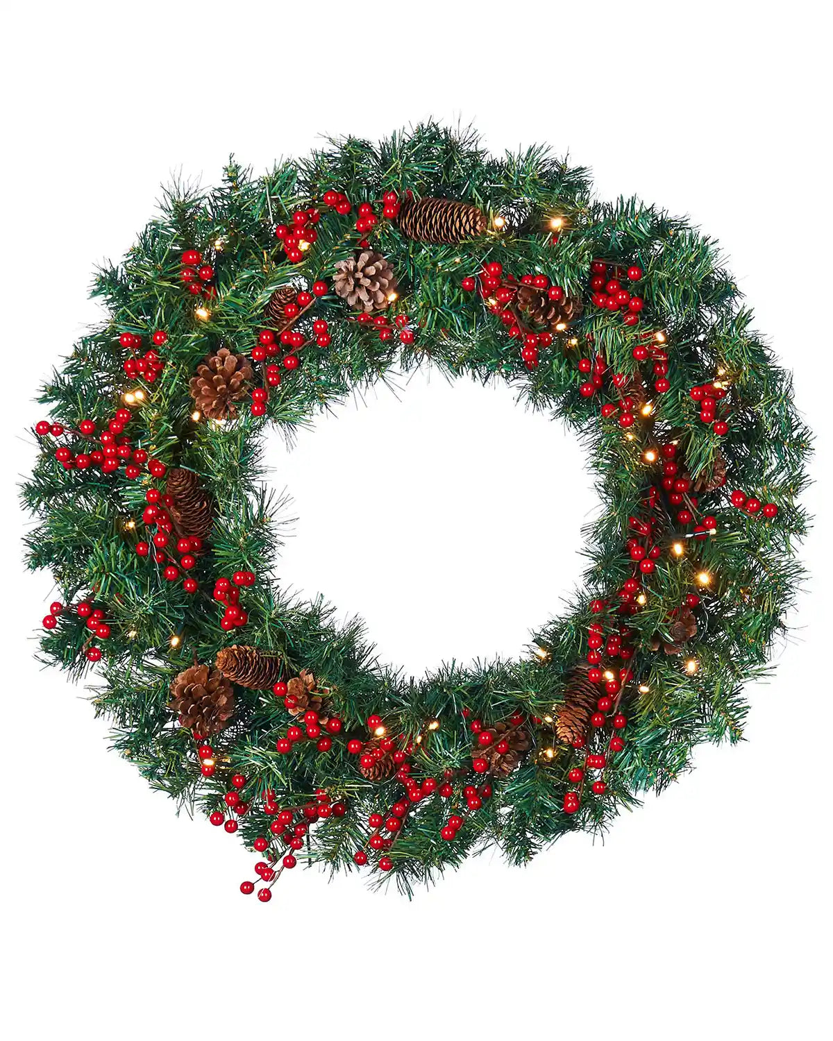 76 cm pre-lit extra thick Christmas wreath with pinecones, red berries and warm white lights on a white background